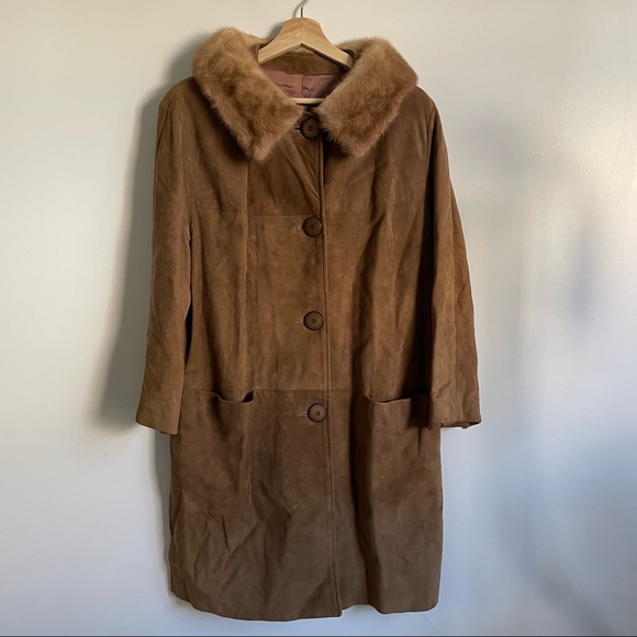 VINTAGE 1960 Suede Coat Mink Collar - Satin Lined size 7 - Picture 9 of 14